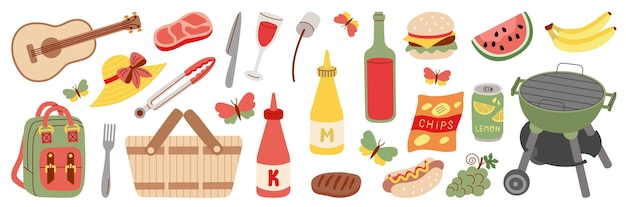 Zomer en lente picknick set Delicious Snack Vers fruit sandwiches supermarkt en picknick mandje Voedsel en dranken