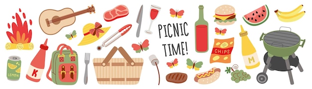 Vector zomer en lente picknick set delicious snack verse groenten en fruit sandwiches voedsel en dranken illustratie