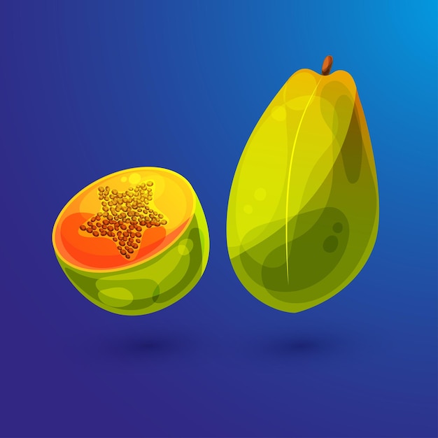 Zomer exotisch fruit in tekenfilmstijl UX UI Papaya hele vrucht en de helft