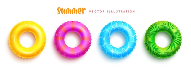 Zomer floater vector set. Reddingsboei opblaasbaar element met kleurrijk en tropisch design.