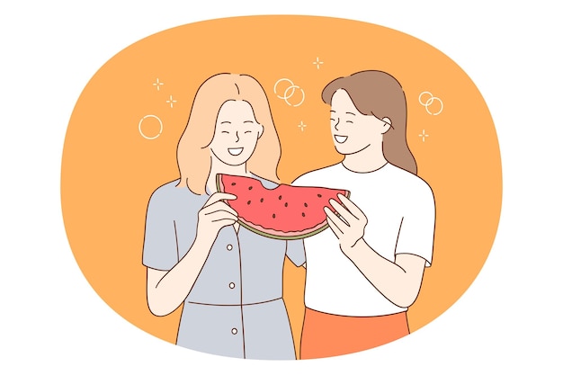 Zomer gezond voedsel en vitaminen concept twee lachende opgewonden meisjes staan en eten rode rijpe watermeloen fruit samen plezier vectorillustratie