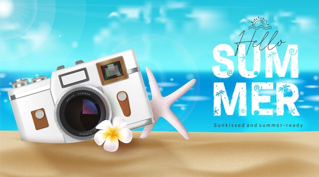 Zomer groeten vector banner Hallo zomer groeten tekst met camera reis elementen op het strand