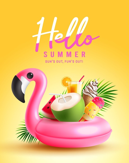 Zomer hallo vector posterontwerp. Hallo zomertekst met flamingo drijver en kleurrijk strand