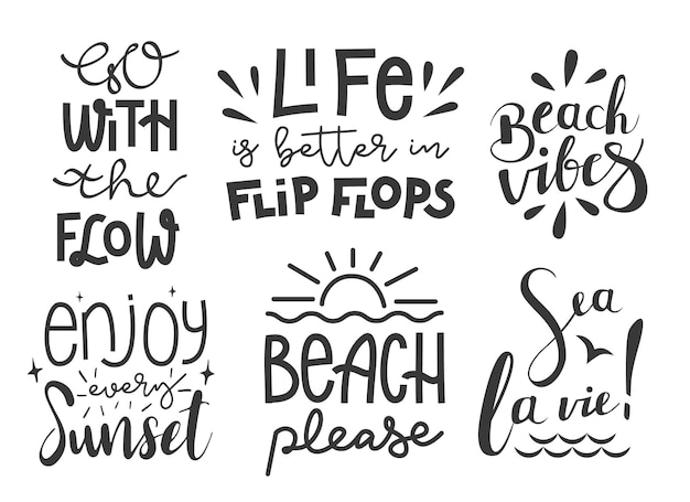 Zomer handgetekende borstel belettering strand thema typografie vibes zeeleven zonsondergang stroom