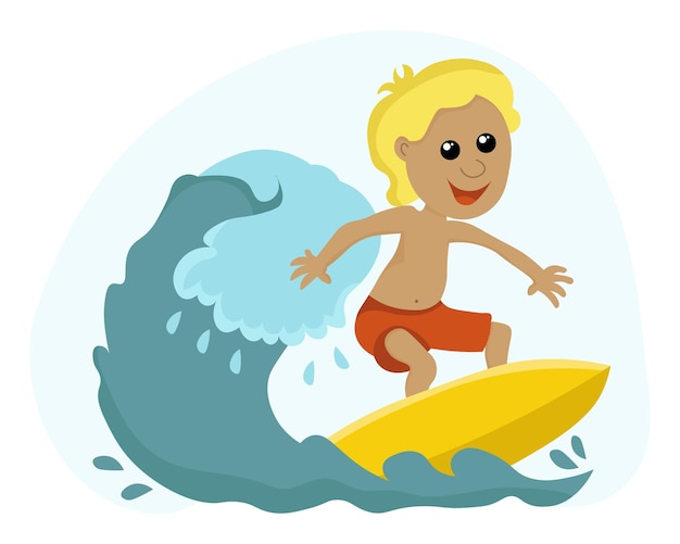 Zomer illustratie vrolijke kerel surfer op de zeegolf Cartoon afbeelding