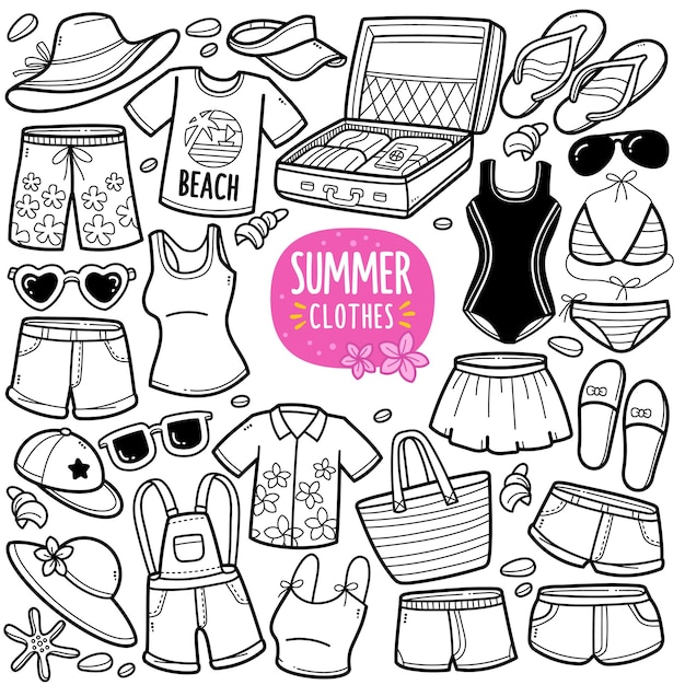 Zomer kleding en accessoires zwart-wit doodle illustratie