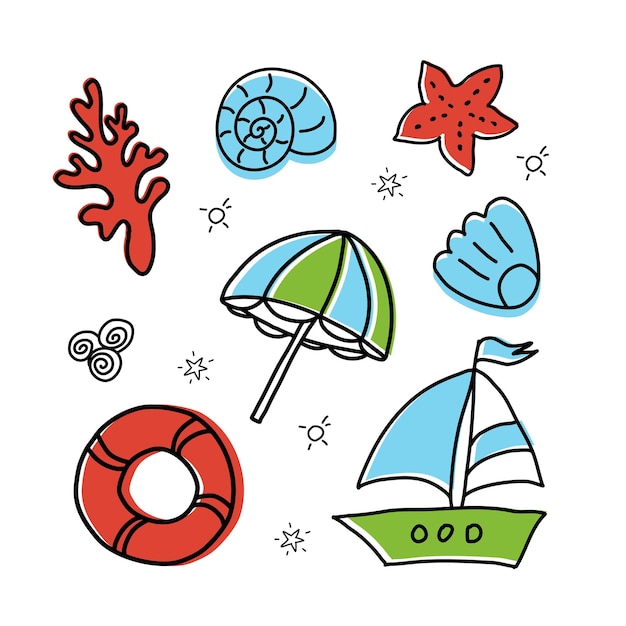 Zomer kleur doodles icon set Mariene pictogrammen