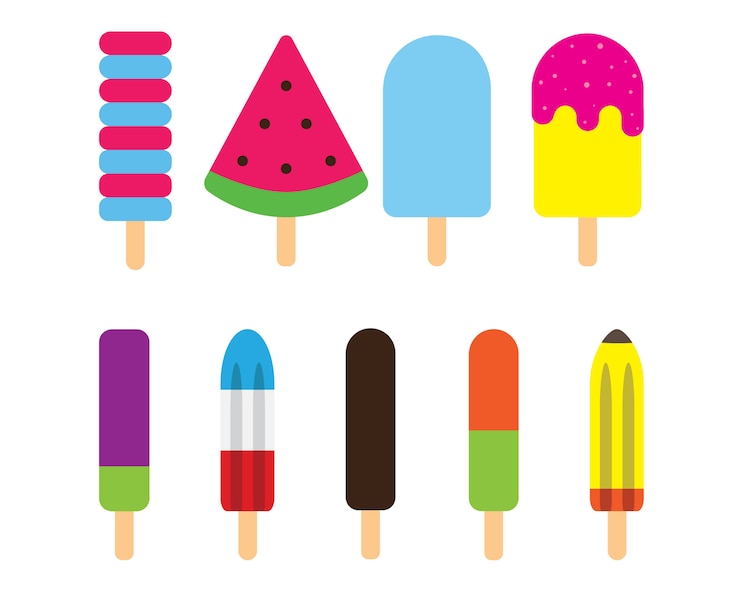 Zomer kleurrijke ijslollys stokje met melk, chocolade, munt en bevroren vruchtensap smaak platte ontwerp pictogram symbool collectie.