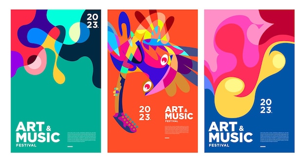 Zomer kleurrijke kunst- en muziekfestivalposter en omslagsjabloon 2023