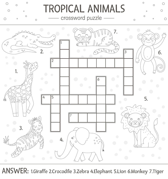 zomer kruiswoordpuzzel. Eenvoudige quiz met tropische dieren voor kinderen. Educatieve zwart-witte jungle-activiteit met schattige grappige karakters. Leuke kleurplaat voor kinderen