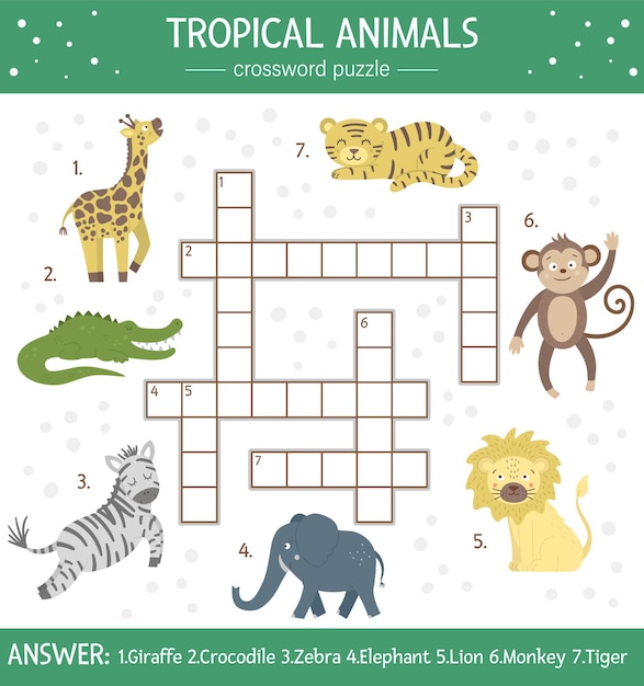 zomer kruiswoordpuzzel voor kinderen. Eenvoudige quiz met tropische dieren voor kinderen. Educatieve jungle-activiteit met schattige grappige karakters