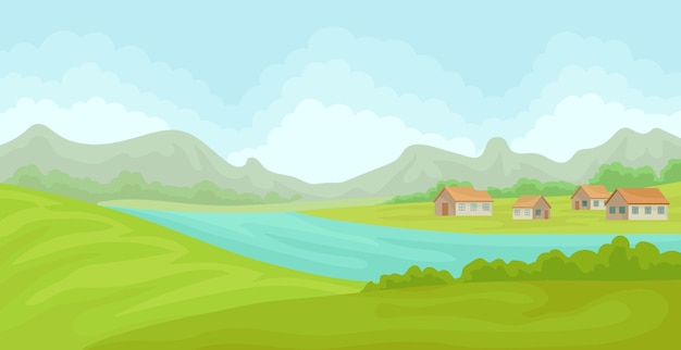 Zomer landelijk landschap met huizen en rivierveld met groen gras landbouw en landbouw vector Illustratie geïsoleerd op een witte achtergrond