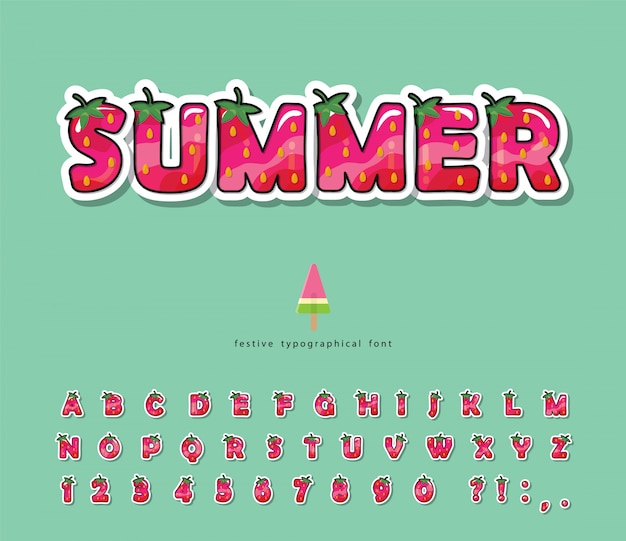 Zomer lettertype. Cartoon aardbei alfabet.