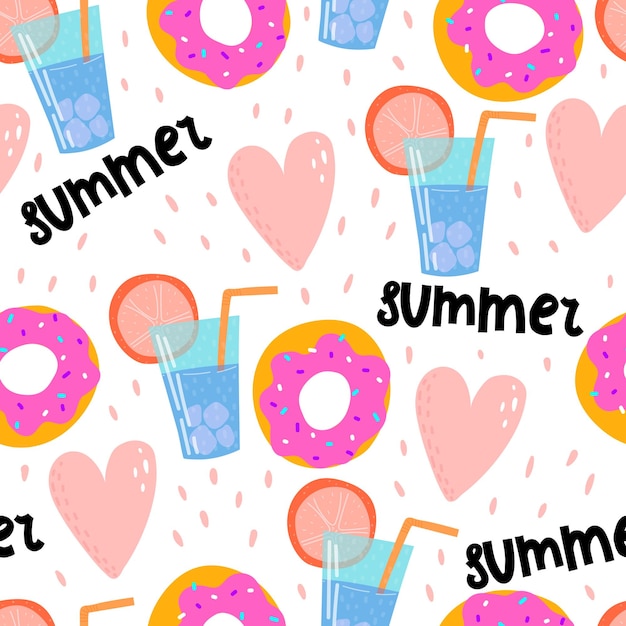 Zomer naadloos patroon met cartoon cocktail donuts harten hand tekenen belettering