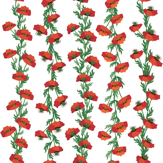 Zomer naadloos patroon met felrode papaverbloemen en papaverpeulen Veldweide van papavers Garland bloemenrand