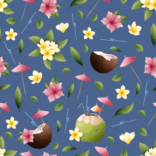 Zomer naadloos patroon met tropische bloemen en kokoscocktail op een blauwe achtergrond