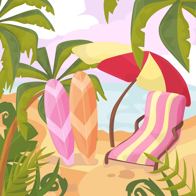 Vector zomer op het strand. palmen en planten rond. cartoon vectorillustratie. zomervakantie aan zeekust