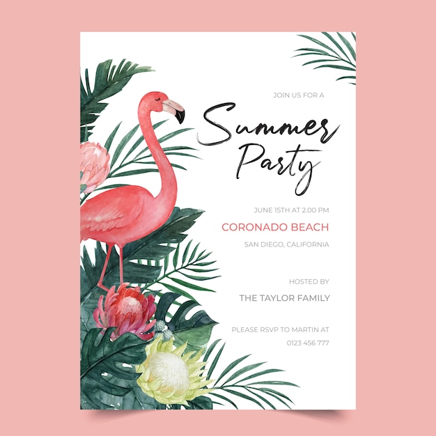 Zomer partij uitnodiging sjabloon met Flamingo en tropische bloemen illustratie