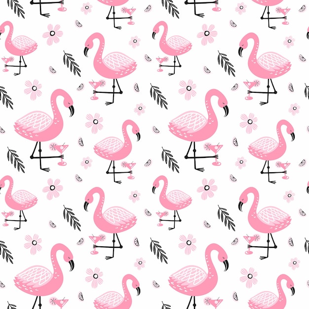 Zomer patroon flamingo en met de hand getekende elementen.