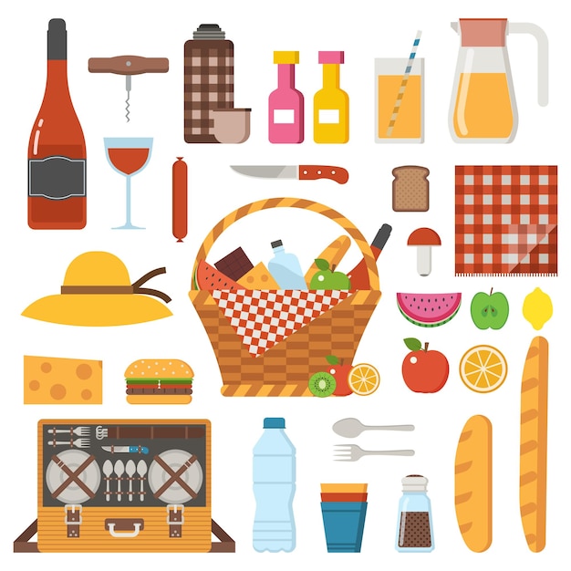Zomer picknick partij pictogrammen instellen familie weekend collectie met cartoon stro picknickmand eten sap wijn en kookgerei Cookout en uitje ontwerpelementen in plat ontwerp
