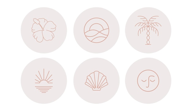 Zomer pictogrammen beeltenis van zonsopgang zon en bloemen in cirkels Vector illustratie Set van pictogrammen en emblemen voor sociale media nieuws covers Ontwerpsjablonen voor een yogastudio en een astroloog Blogger