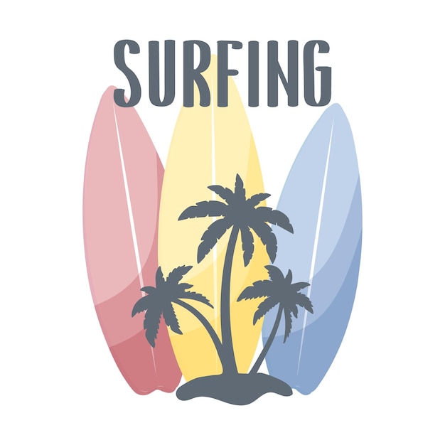 Vector zomer poster met surfplanken palmbomen en belettering surfing summer illustratie logo vector