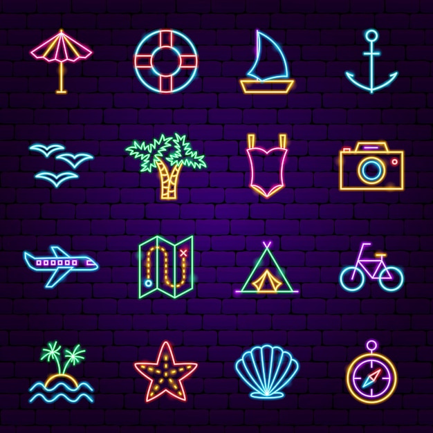 Zomer reizen neon pictogrammen. vectorillustratie van vakantie promotie.