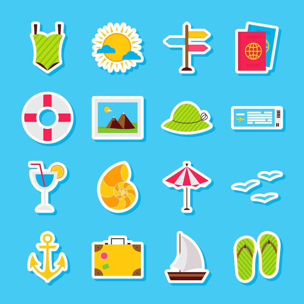 Zomer reizen stickers. vector illustratie vlakke stijl. verzameling van seizoensgebonden vakantiesymbolen.