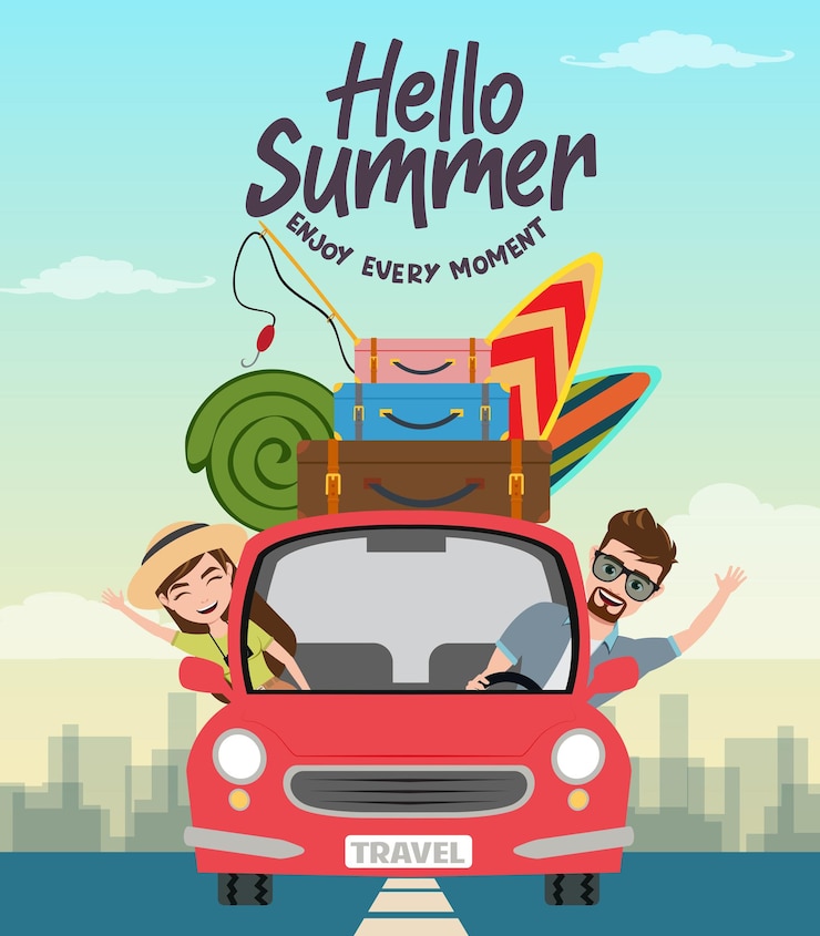 Vector zomer reizen vector conceptontwerp hallo zomer tekst met reiziger karakter