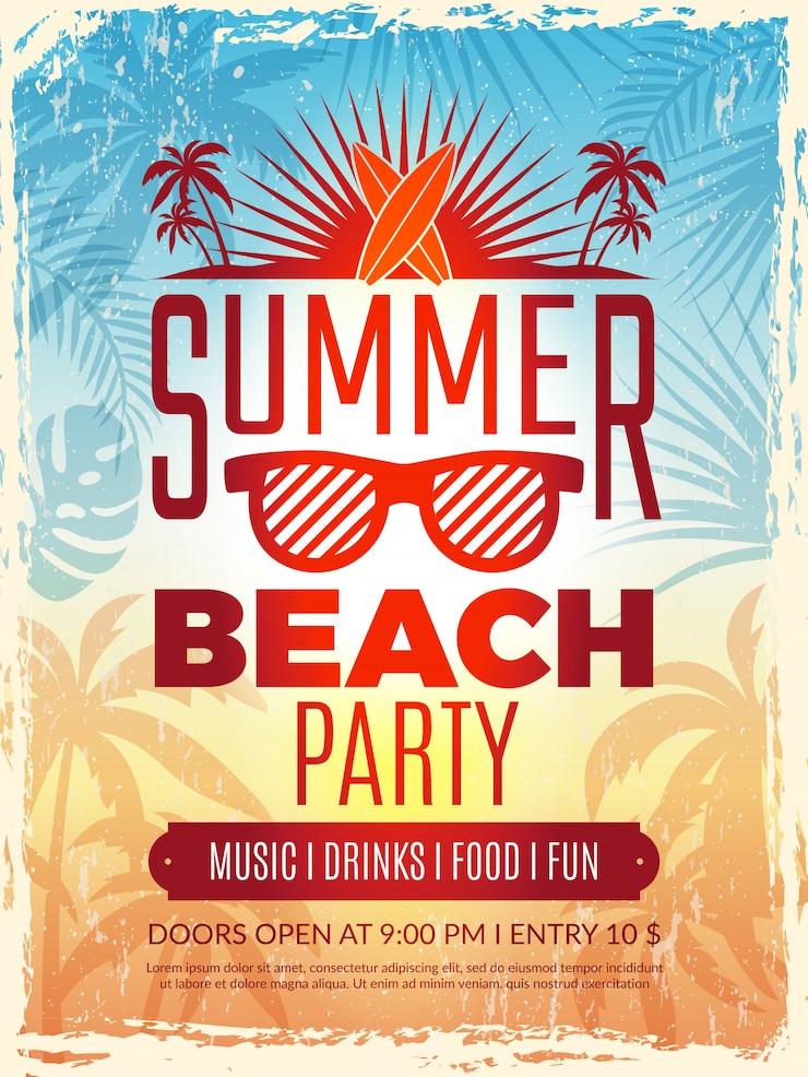 Vector zomer retro poster. vakantie tropisch strand zomer partij uitnodiging retro plakkaat vector sjabloon