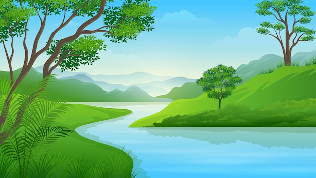 Zomer rivier of meer met berglandschap cartoon afbeelding