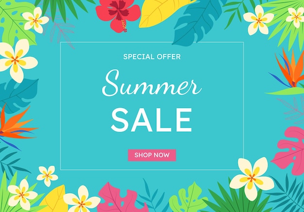 Zomer sale banner creatieve heldere blauwe achtergrond met tropische bladeren en bloemen poster template