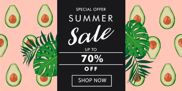 Zomer Sale banner met plakjes avocado en bladeren van monstera en palm op trendy roze achtergrond.