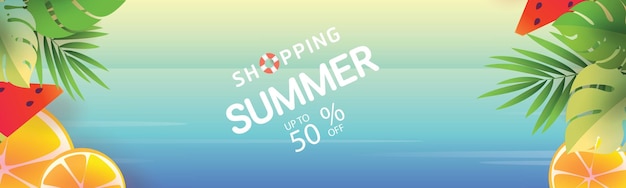 Zomer Sale tijd vakantie element banner ontwerp met papier gesneden tropisch strand Kleur achtergrond lay-out