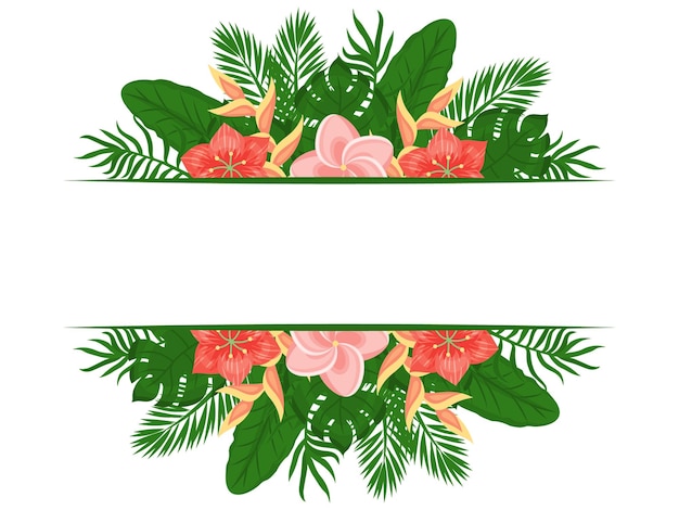 Zomer schattig frame met palmbladeren en exotische bloemen Plaats voor tekst Sjabloon voor ontwerp Vector illustratie cartoon stijl