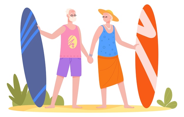 Zomer senior activiteit Gelukkig man en vrouw surfers geïsoleerd op een witte achtergrond