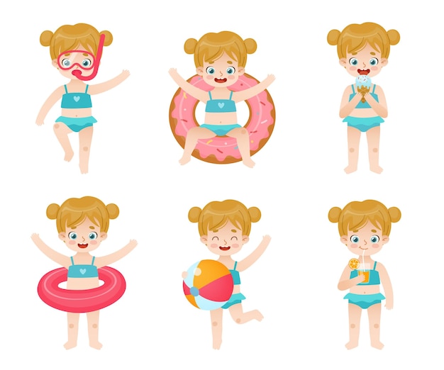 Zomer set van schattige babymeisje in zwembroek Vakantie activiteit collectie van cartoon meisje op het strand