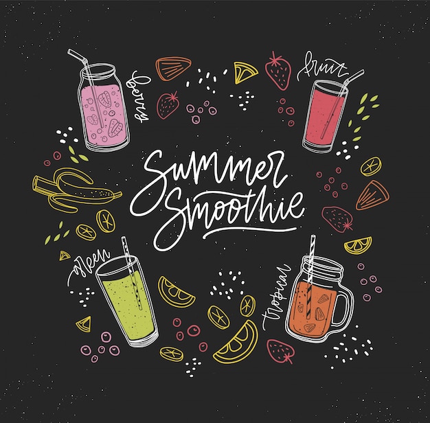 Zomer smoothie handgeschreven inscriptie omgeven door verfrissende gezonde drankjes