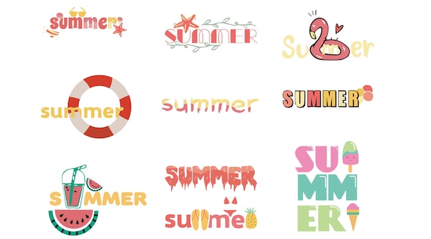 Zomer stickers collectie set cartoon stijl plat ontwerp Premium Vector