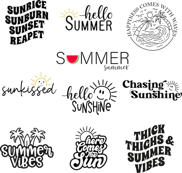 Vector zomer strand citaten typografie t-shirt ontwerpset