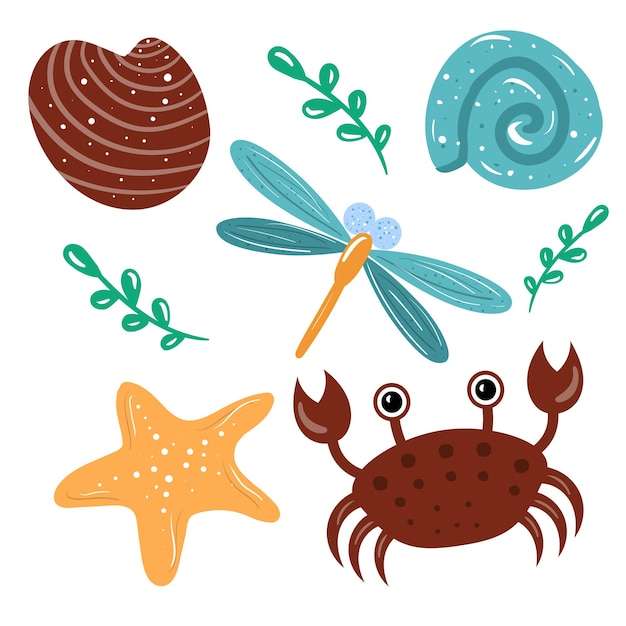 Zomer strand instellen platte vector illustratie krab libel shell ontwerp elementen pictogrammen geïsoleerde objecten op witte achtergrond sjablonen voor posters feestuitnodigingen stickers kaarten cadeau