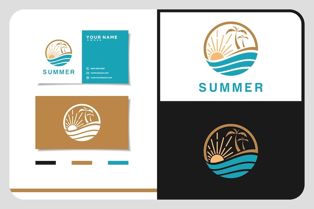 Zomer strand kust eiland zee oceaan met palm en zomer zonnestralen logo ontwerp inspiratie