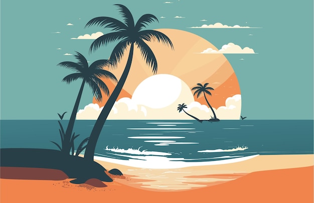 Vector zomer strand landschap zonsondergang achtergrond met palmboom vectorillustratie