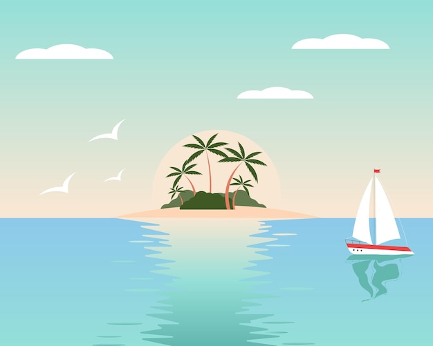 Vector zomer strand landschapzomervakantiezee eilandpalm bomenzeilbootmeeuwenvector