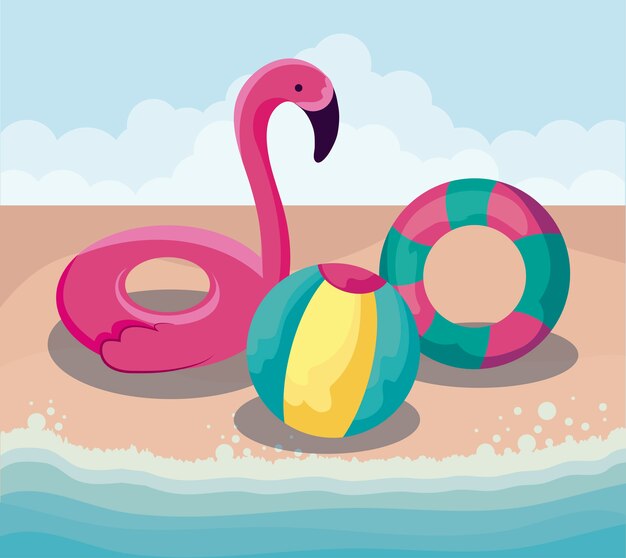 Vector zomer strand met float vlaams met set pictogrammen