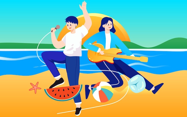 Zomer strand muziek partij karakter zomer kust vakantie vectorillustratie