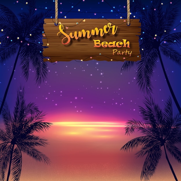 Zomer strand partij poster met palmbomen op het strand bij zonsondergang