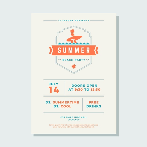 Zomer strand partij vintage poster sjabloon vrouw surfer ontwerp vectorillustratie