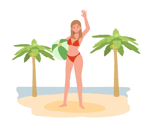 Vector zomer strand vakantie thema meisje in bikini strandbal houden op de strand achtergrond met zee kokospalmen flat vector illustratie