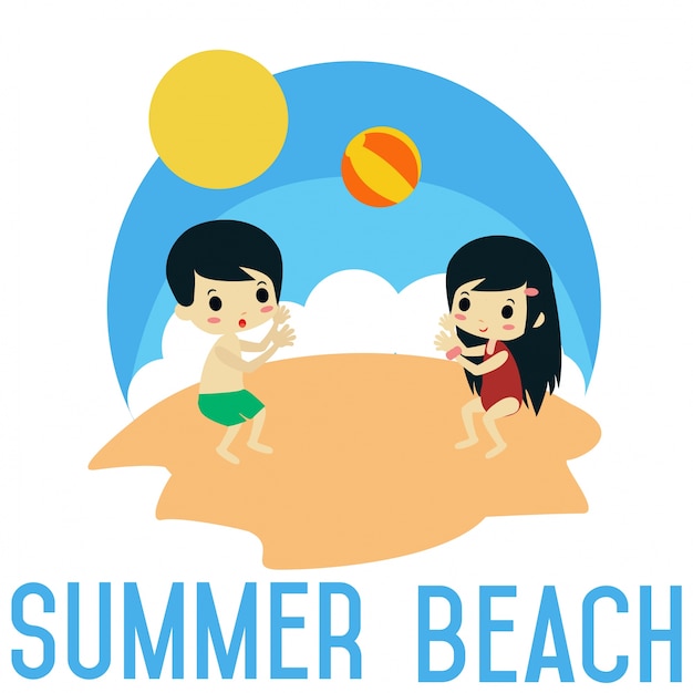 Zomer strand vectorillustratie met schattige pictogram en teken